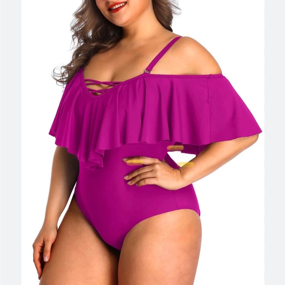Slimming Flounce Ruffle One Piece Swimsuit Hot Pink Size Medium Adjustable strap